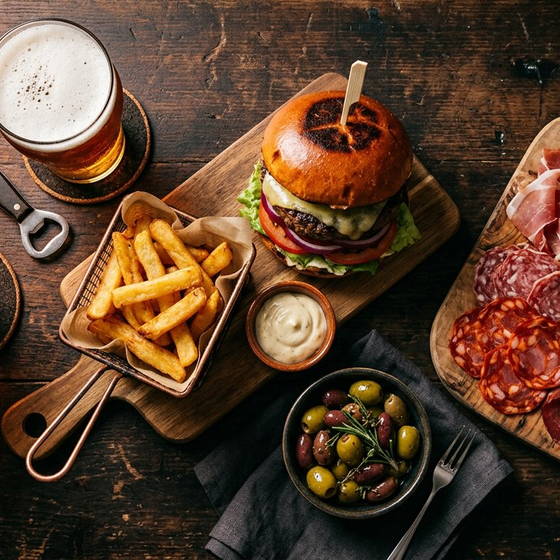 Tavolo apparecchiato con birre burger e patatine