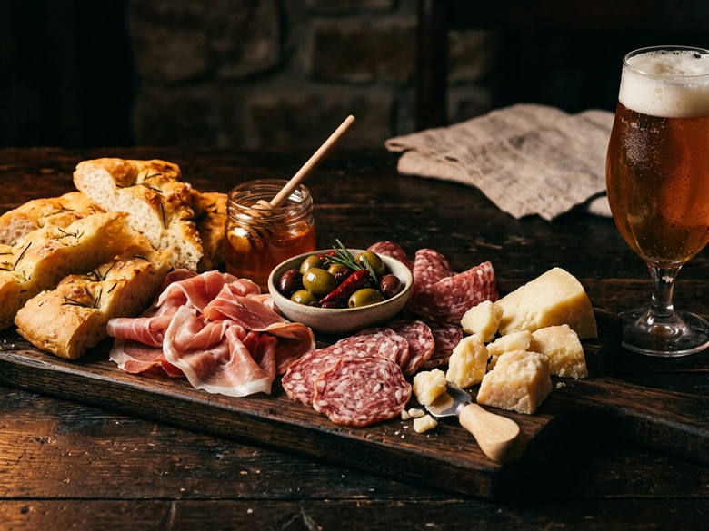 Tagliere di salumi e formaggi con boccale di birra